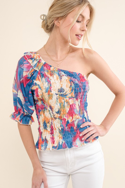 Allover Floral Print Smocked One Shoulder Blouse - Floral