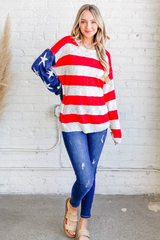 American Flag Long Sleeve Sweater - Red/Navy