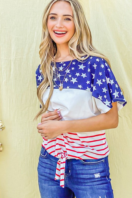 American Flag Print Tie Knot Front Casual Top - Red/Navy