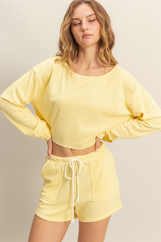 Boat Neck Long Sleeve Cropped Top - Creamy Yellow