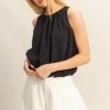 Bubble Hem Round Neck Sleeveless Blouse - Black