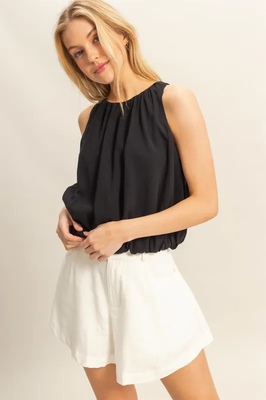 Bubble Hem Round Neck Sleeveless Blouse - Black