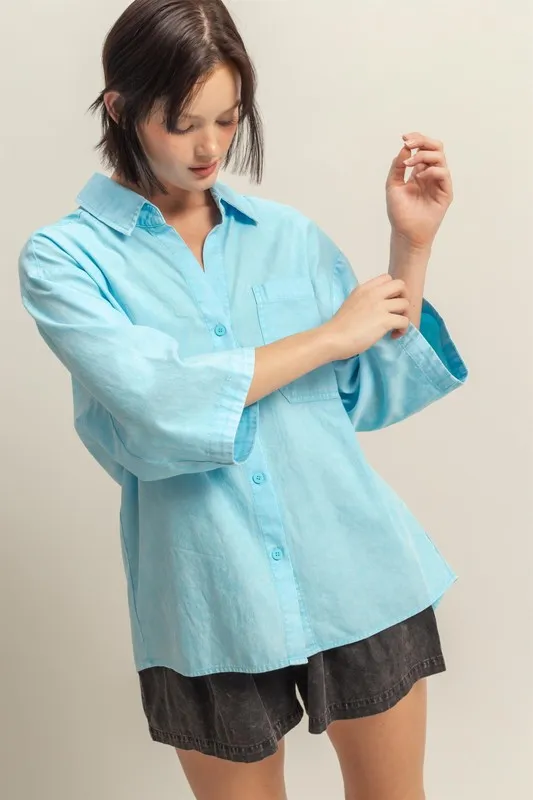 Button Down Collared Neck Relaxed Fit Shirt - Pastel Blue