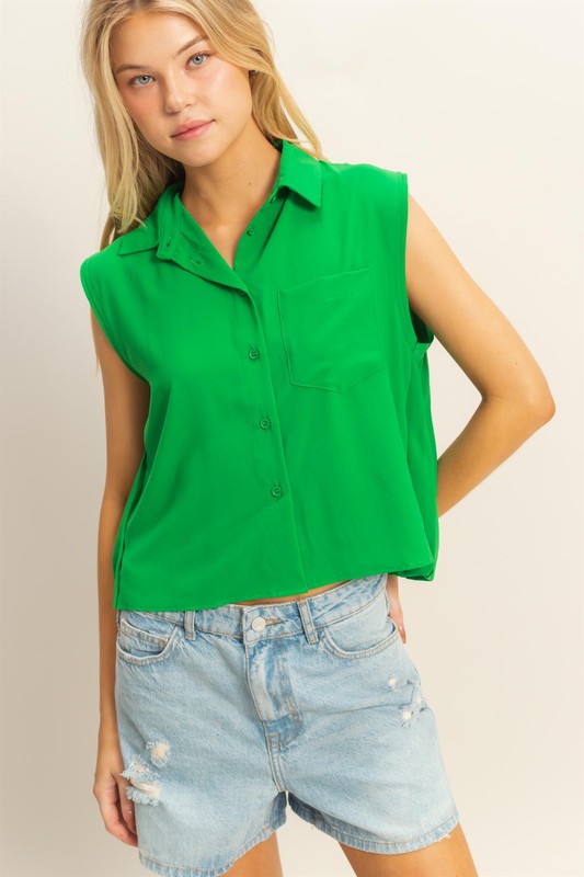 Buttoned Front Sleeveless Collar Shirt - Kelly Green