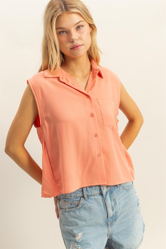 Buttoned Front Sleeveless Collar Shirt - L.Orange