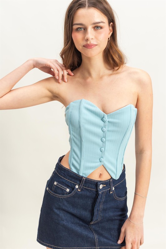 Buttoned Front Strapless Knit Bustier Top - Aqua