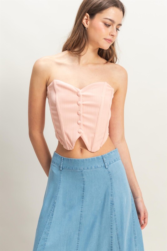 Buttoned Front Strapless Knit Bustier Top - Peach