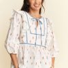 Cactus Conversational Denim Binding Bodice Blouse - White Blue