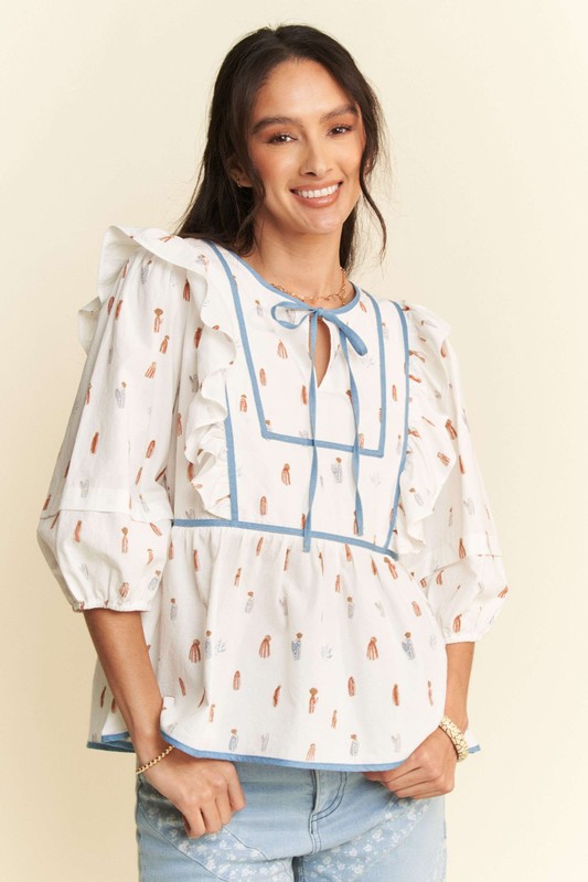 Cactus Conversational Denim Binding Bodice Blouse - White Blue
