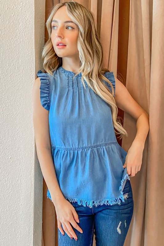 Chambray Ruffle Sleeveless Top - Denim