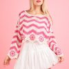 Chevron/Floral Pattern Crochet Knit Top - Pink
