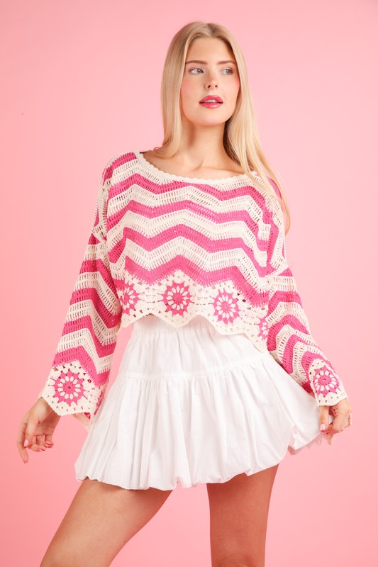 Chevron/Floral Pattern Crochet Knit Top - Pink