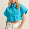 Collared Neck Short Sleeve Crop Shirt - Aqua