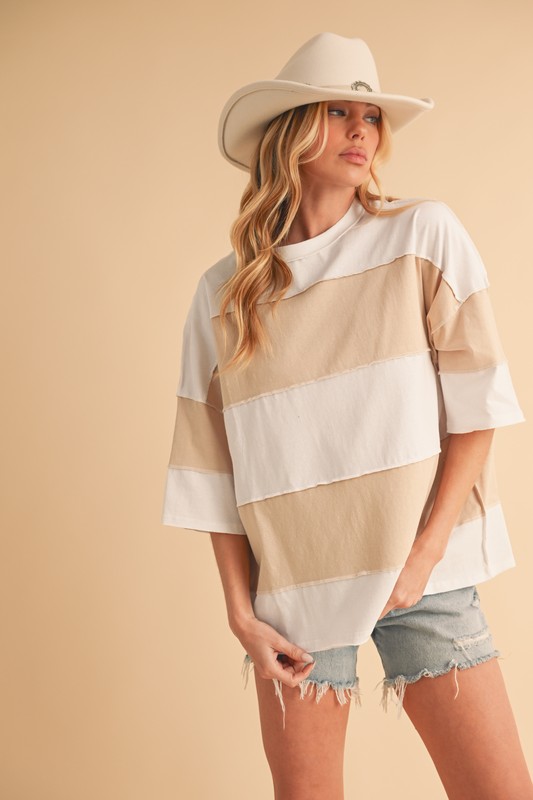 Color Block Round Neck Short Sleeve T-Shirt - White Oat