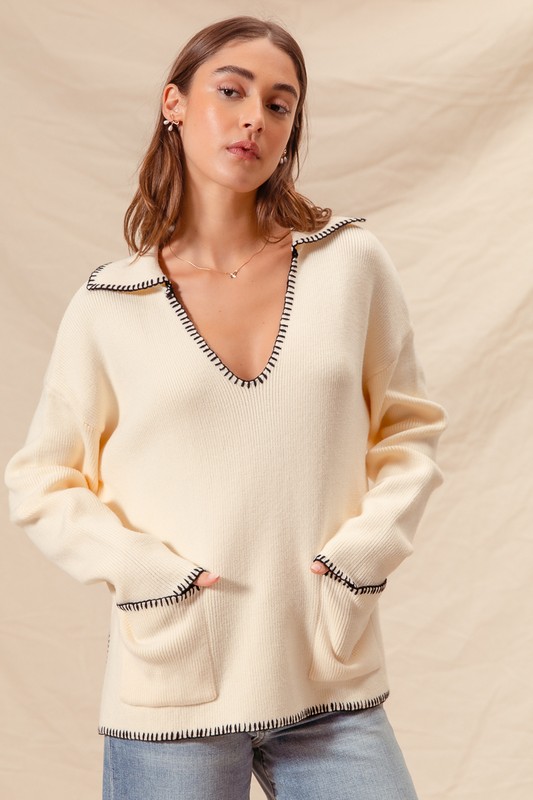 Contrast Blanket Stitch Sweater - Ivory/Black
