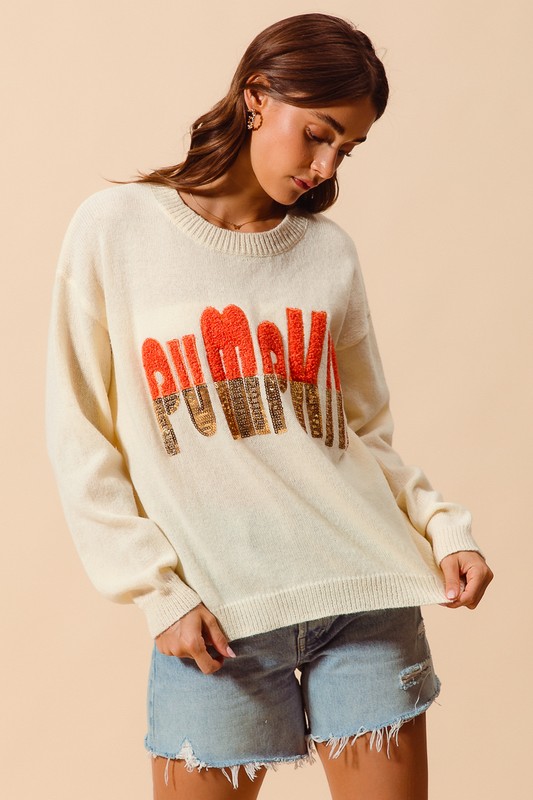Contrast Sequin Pumpkin Slogan Sweater Top - Oatmeal