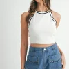 Contrast Trim Grecian Neck Cropped Tank - Off White