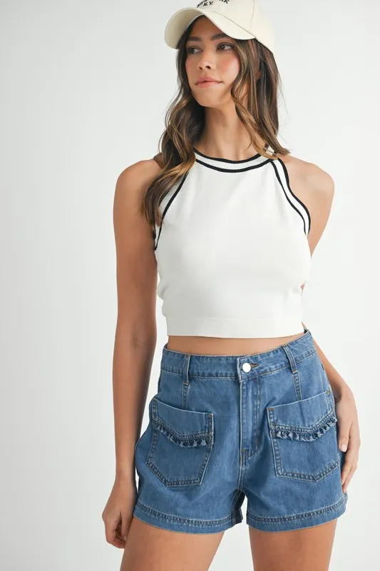 Contrast Trim Grecian Neck Cropped Tank - Off White