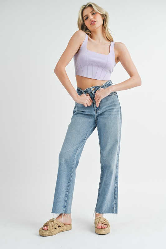 Corset Design Detail Crop Knit Top - Lavender