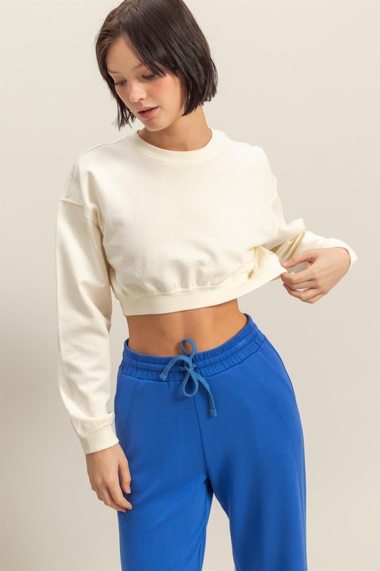Crew Neck Long Sleeve Crop Sweatshirt - White