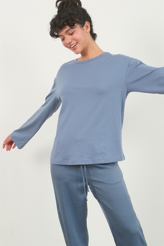 Crew Neck Long Sleeve Tee - Gray Blue