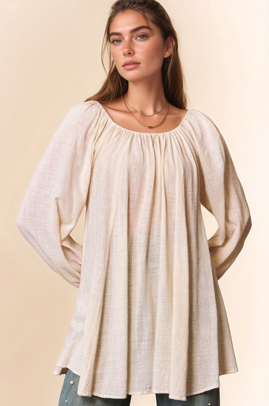 Crinckled Texture Fabric Round Neck Swing Top - White