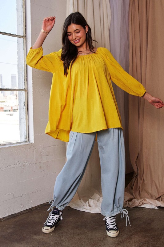 Crinckled Texture Fabric Round Neck Swing Top - Yellow