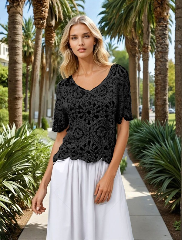 Crochet Short Sleeve Top - Black