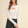 Cut Out Long Sleeve Ribbed Knit Top - Off White