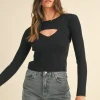 Cutout Long Sleeve Ribbed Knit Top - Black