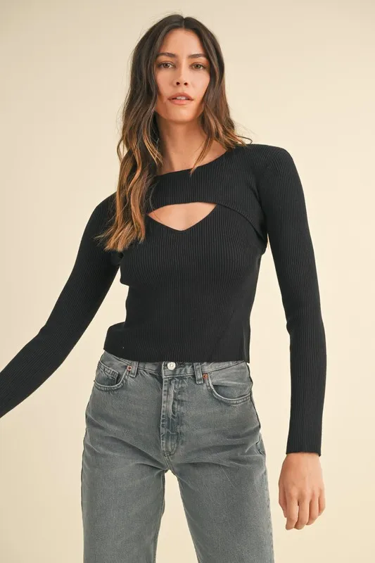 Cutout Long Sleeve Ribbed Knit Top - Black