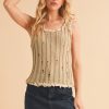 Distressed Detail Round Neck Knit Tank - Khaki