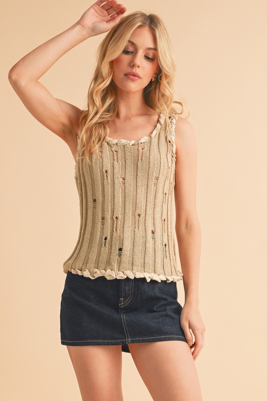 Distressed Detail Round Neck Knit Tank - Khaki