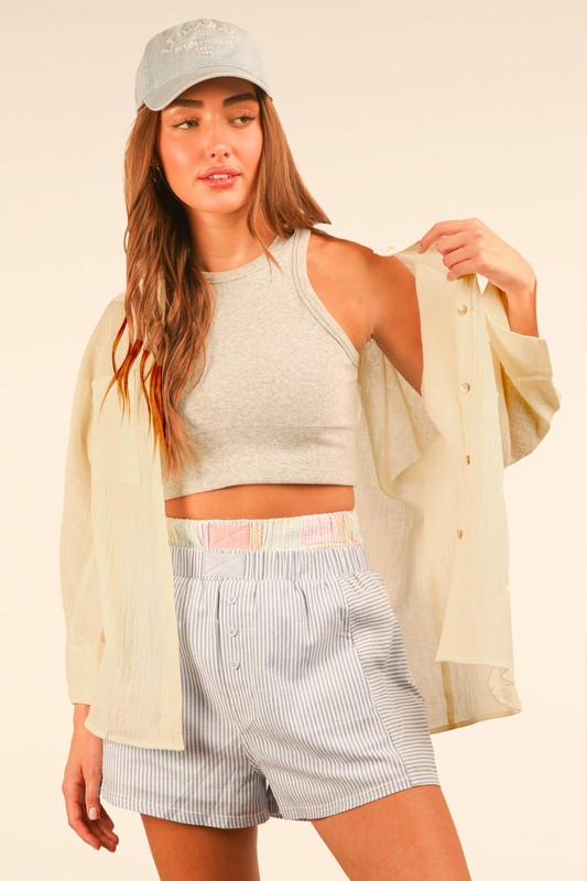 Dolman Sleeve Button Down Gauze Shirt - White