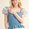 Embellishment Sleeve Smocked Top - Blue