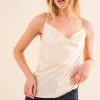 Faux Pearl Gold Chain Satin Casual Cami Top - Champagne