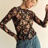 Floral Print Mesh Long Sleeve Layering Top - Black/Orange