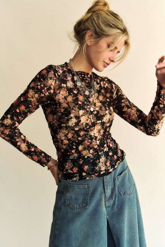 Floral Print Mesh Long Sleeve Layering Top - Black/Orange