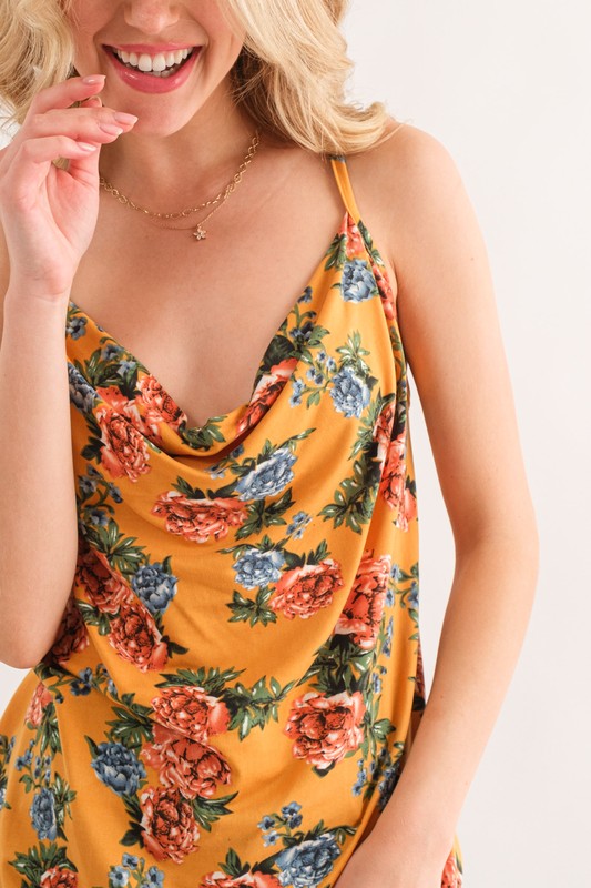 Floral Printed Casual Tank Top - Mustard