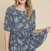 Floral Round Neck Peplum Blouse - Black