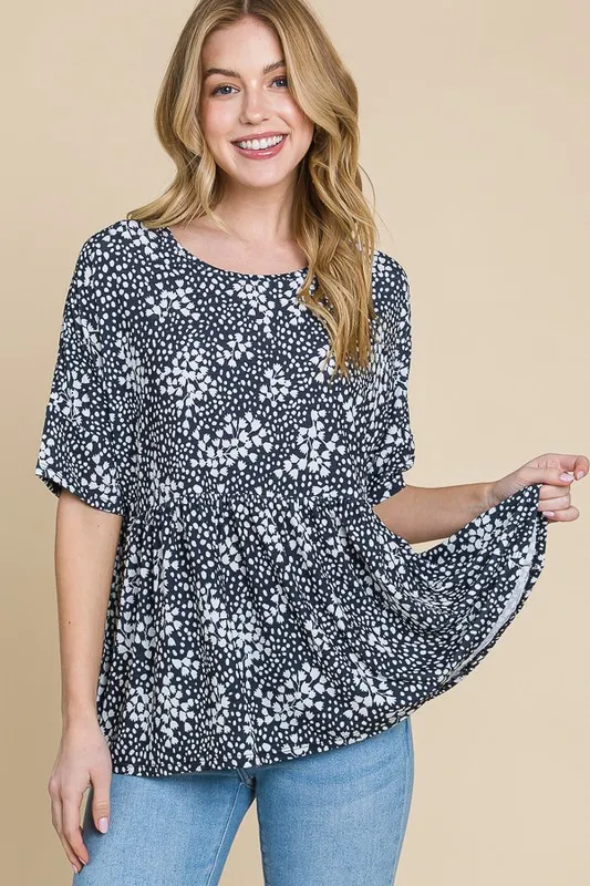 Floral Round Neck Peplum Blouse - Black
