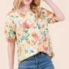 Floral Round Neck Puff Sleeve Top - Orange Mix