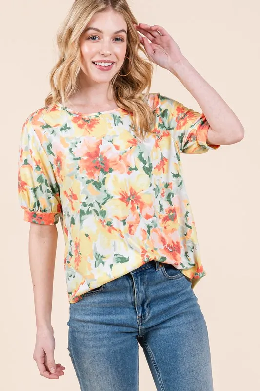 Floral Round Neck Puff Sleeve Top - Orange Mix