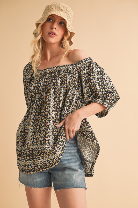 Floral Short Sleeve Babydoll Top - Black Golden