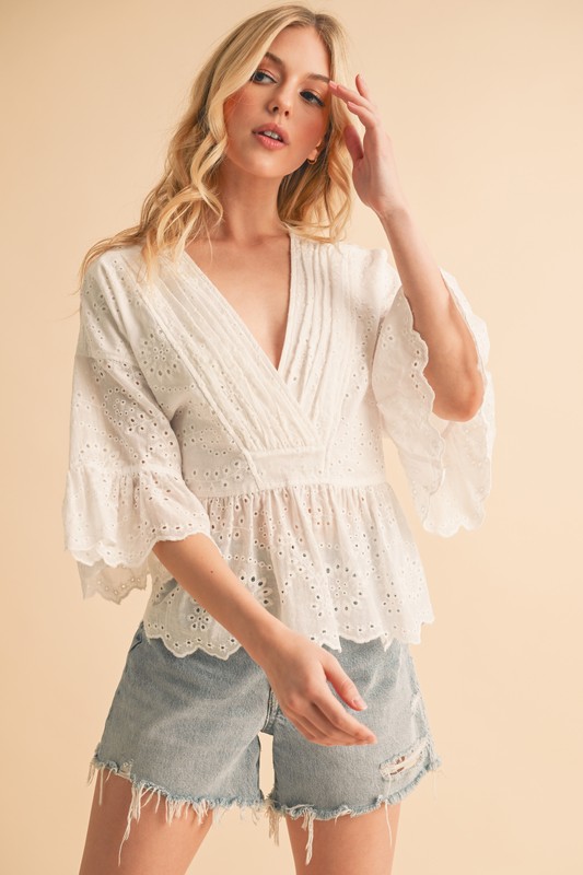 Flounce Sleeve Eyelet Peplum Top - White