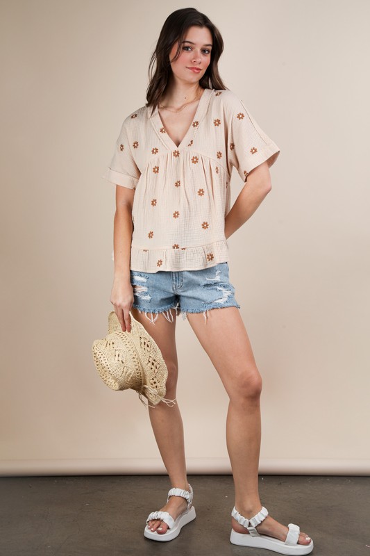 Flower Embroidered Woven Blouse - Natural