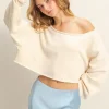 Frayed Detail Boat Neck Long Sleeve Crop Top - Ivory