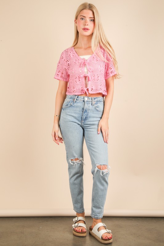 Front Tie Crochet Crop Top - Pink