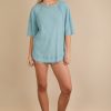 Full Size Mineral Washed Ribbed Knit Casual Top - Denim