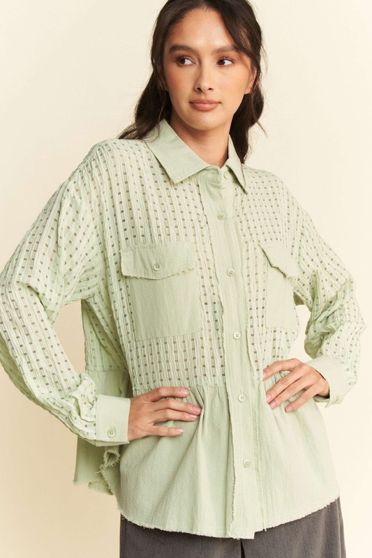 Garment Washed Jacquard Button Front Shirt - Sage